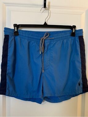Ralph Lauren Blue Swim Shorts with Navy Side Stripes vintage style.